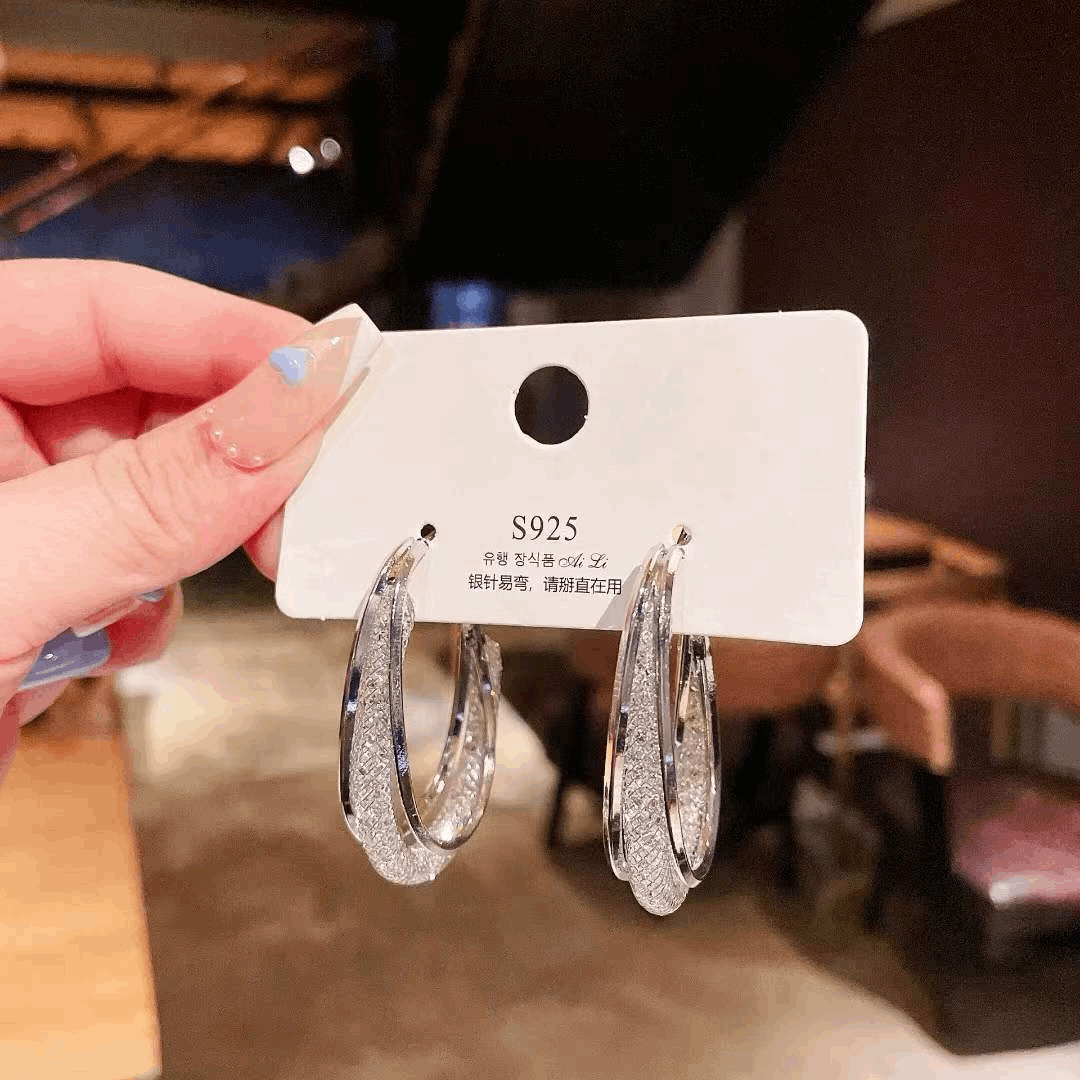 Crystal Mesh Hoop Silver Plated Oval Shaped Hoop Circle Korean Earrings For Party