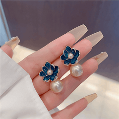 Korean Blue Enamel Flower with Pearl Stud Fashion Korean Earrings for Women