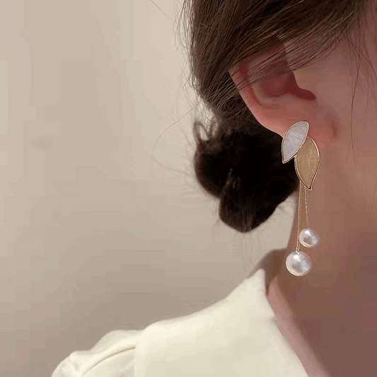 Latest Long Two Leaf Long Beige Color Tassel Dangle Korean Earrings Stud and Drop Both Pattern