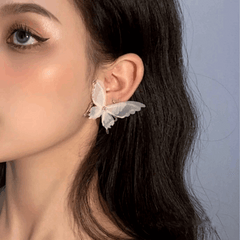 Metal Chiffon Fabric White butterfly Earrings with Mesh Design Trendy Korean Earrings for Girls