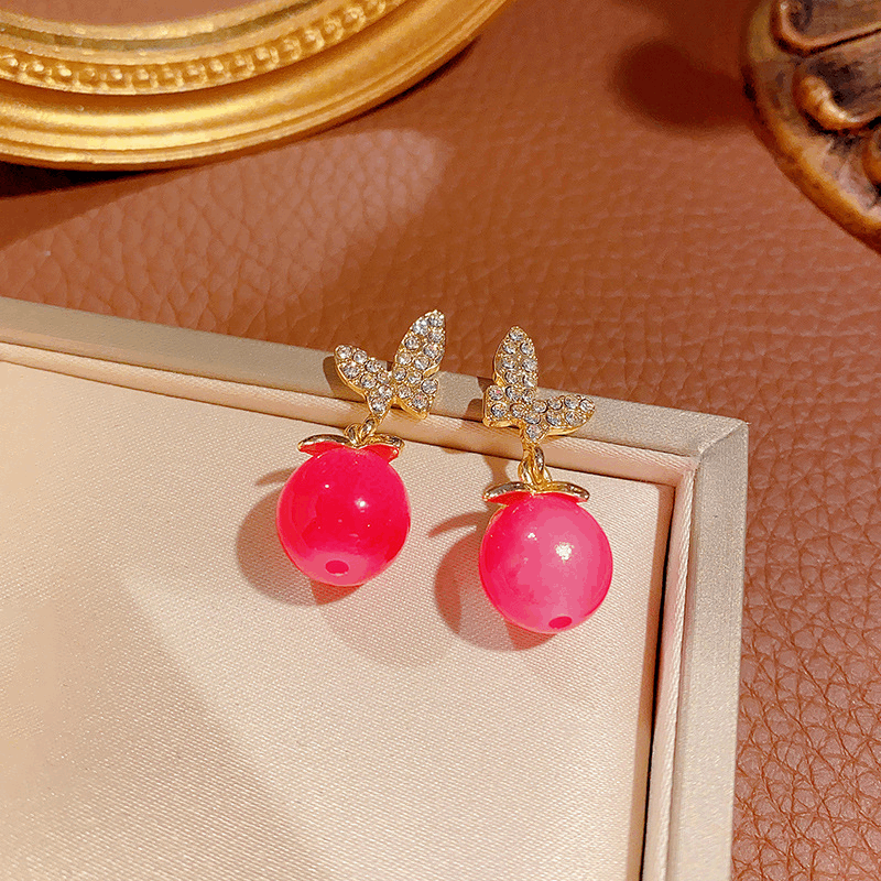 Beautiful Red Pearl Full of Diamonds Butterfly Drop Earrings New Korean Style Earrings for Women