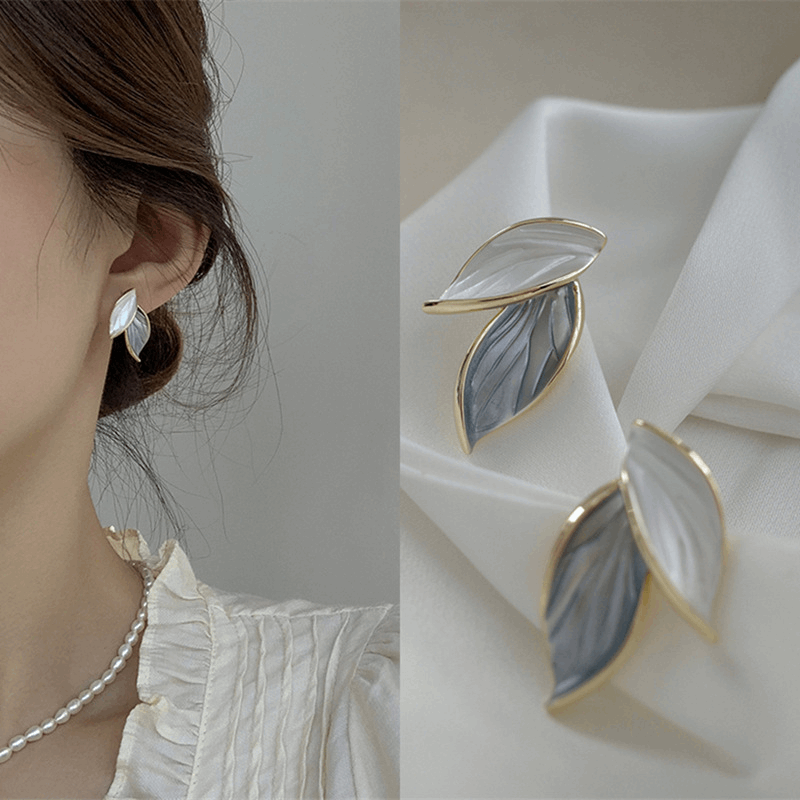 Korean Grey Two Leaves with S925 Silver Needle Fashion Stud Korean Earring