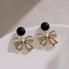 Korean Black Bow Stud Earrings Light Luxury Design with Sparkles Bowknot Fashion Earrings for Women