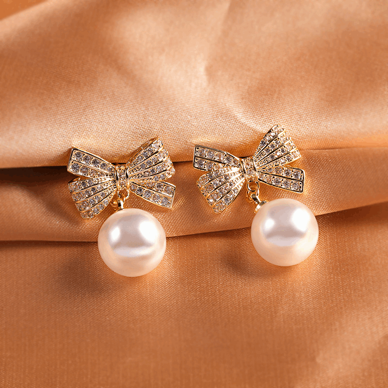 Latest Gold Plated Crystal Diamonds White Bow Pearl Drop Korean Earrings for Women