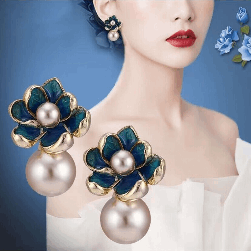 Korean Blue Enamel Flower with Pearl Stud Fashion Korean Earrings for Women