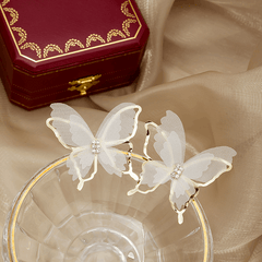Metal Chiffon Fabric White butterfly Earrings with Mesh Design Trendy Korean Earrings for Girls