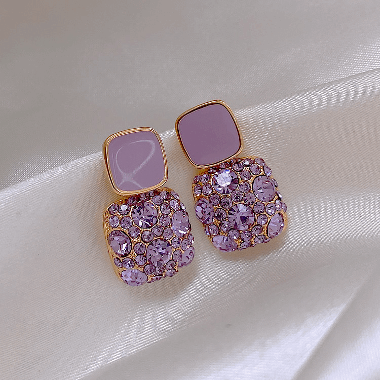 Hot Selling Korean Purple Square Crystal Rhinestone Earrings Elegant Geometric Diamond Earrings
