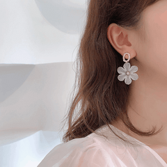 Simple Metal White Flower with zircon Drop Korean Earrings for Women
