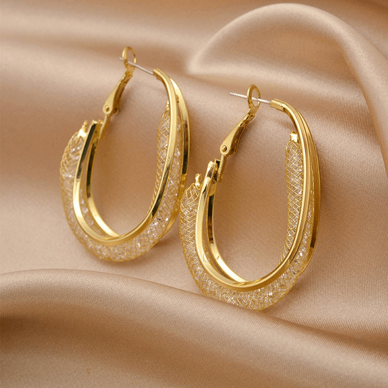 Crystal Mesh Hoop Golden Plated Oval Shaped Hoop Circle Korean Earrings For Party