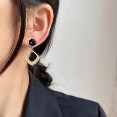Square Stud Earrings Black Enamel Gold Plated Hollow Pendant with Rhiestone Fashion Korean earring