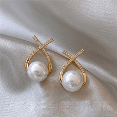 Classic Small Fragrant Wind Pearl with Cross Zircon Geometry Pearl Korean Earrings
