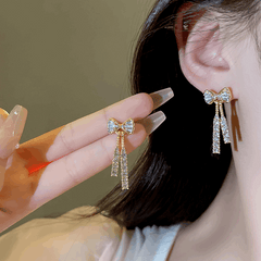 Latest Diamond Dangle Earring with Zircon Bow Tassel Long Drop Korean Earrings For Party