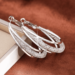Crystal Mesh Hoop Silver Plated Oval Shaped Hoop Circle Korean Earrings For Party