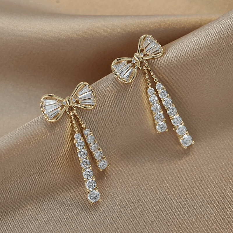 Latest Diamond Dangle Earring with Zircon Bow Tassel Long Drop Korean Earrings For Party