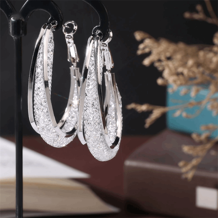 Crystal Mesh Hoop Silver Plated Oval Shaped Hoop Circle Korean Earrings For Party