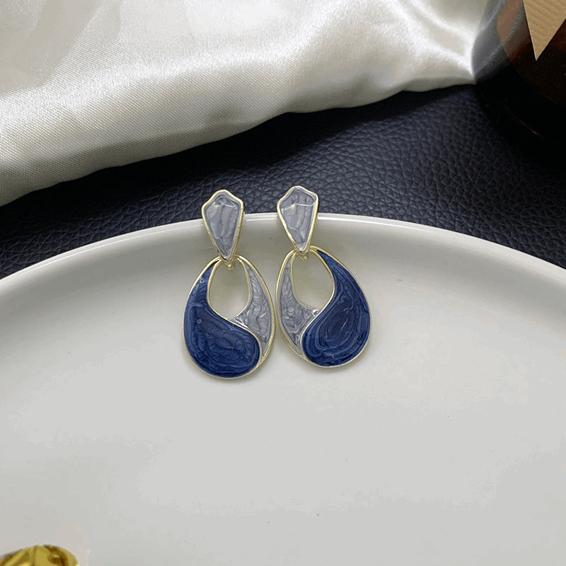 French Gold Plated Blue Enamel Geometric Water Drop Oval Shaped Drop Korean Earrings