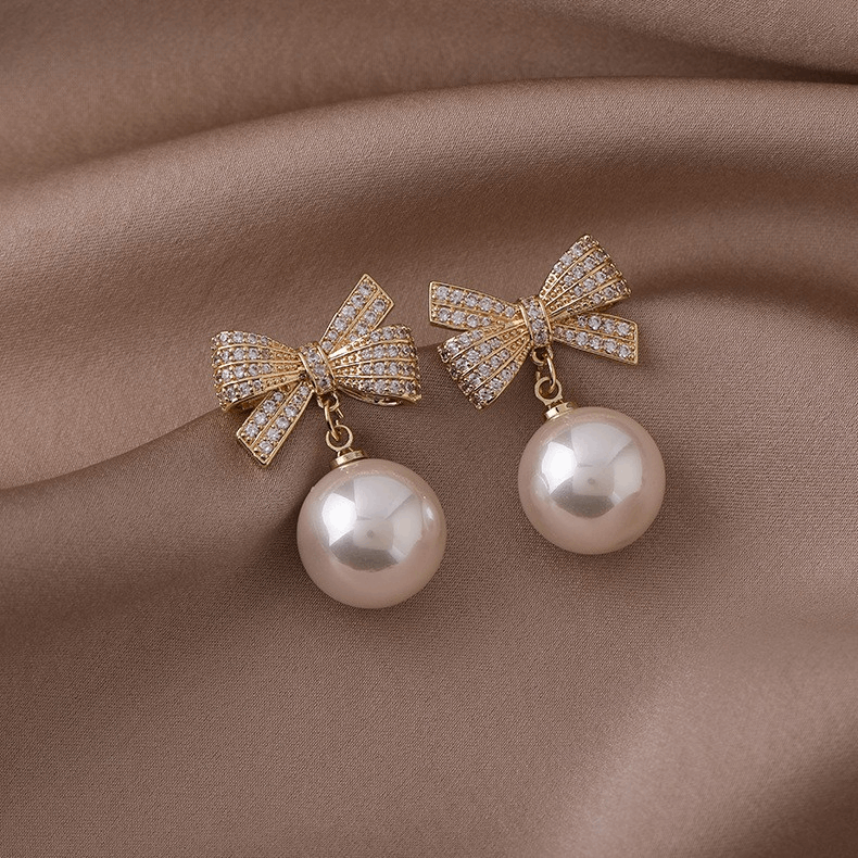 Latest Gold Plated Crystal Diamonds White Bow Pearl Drop Korean Earrings for Women