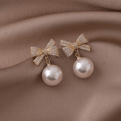 Latest Gold Plated Crystal Diamonds White Bow Pearl Drop Korean Earrings for Women