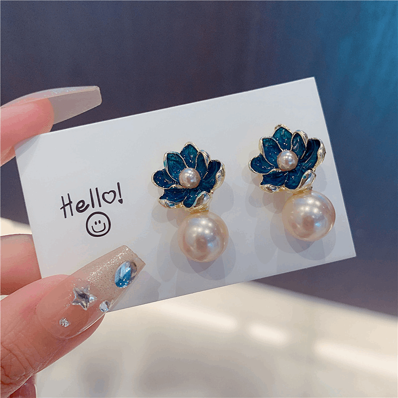 Korean Blue Enamel Flower with Pearl Stud Fashion Korean Earrings for Women