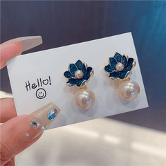 Korean Blue Enamel Flower with Pearl Stud Fashion Korean Earrings for Women