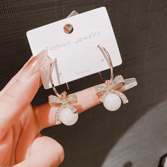 Trendy Bowknot Pearl Earrings Dangle Shape Drop Diamond Stud Korean Elegant Earrings