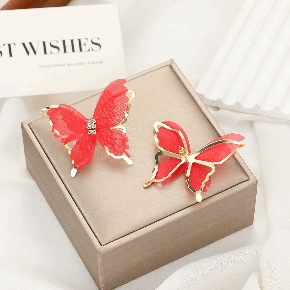 Metal Chiffon Fabric Red butterfly Earrings with Mesh Design Trendy Korean Earrings for Girls