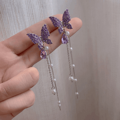 Vintage Purple Butterfly Rhinestone Pendant with Pearl Long Chain Drop Korean Earrings for Girls