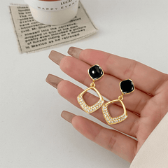 Square Stud Earrings Black Enamel Gold Plated Hollow Pendant with Rhiestone Fashion Korean earring