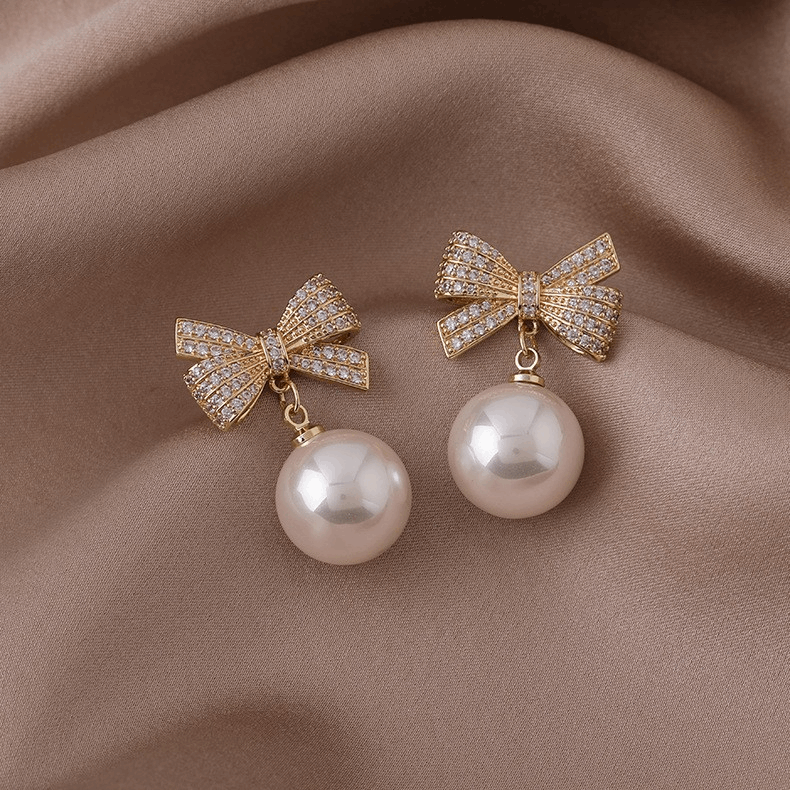 Latest Gold Plated Crystal Diamonds White Bow Pearl Drop Korean Earrings for Women