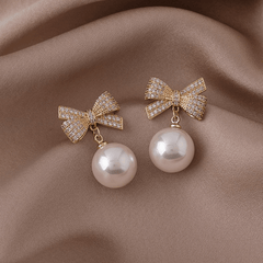 Latest Gold Plated Crystal Diamonds White Bow Pearl Drop Korean Earrings for Women