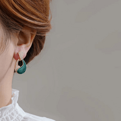French Gold Plated Blue Enamel Geometric Water Drop Oval Shaped Drop Korean Earrings