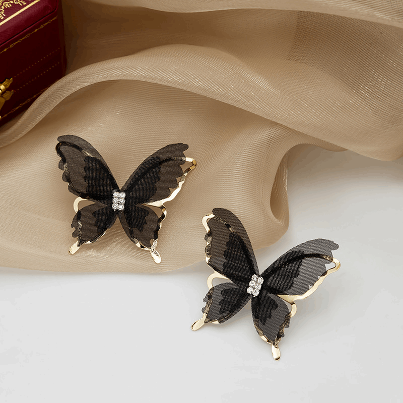 Metal Chiffon Fabric Black butterfly Earrings with Mesh Design Trendy Korean Earrings for Girls