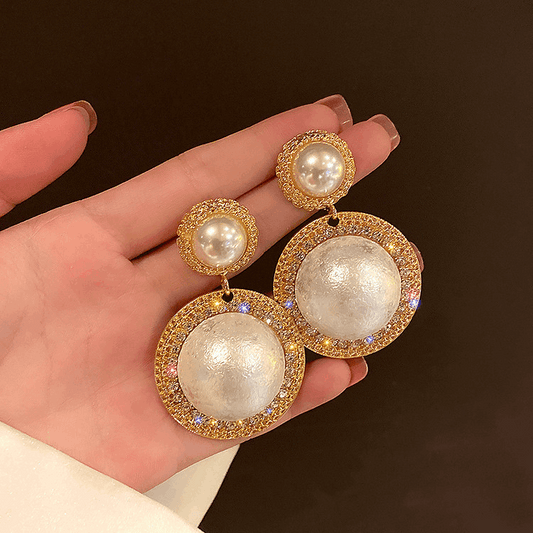 Retro Elegant Rhinestone Round Big Heavy Pearl Pendant party wear Korean Earrings with S925 Silver Needle