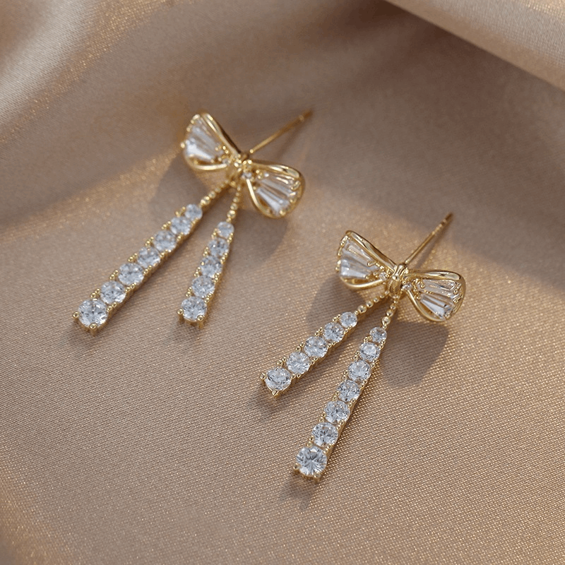 Latest Diamond Dangle Earring with Zircon Bow Tassel Long Drop Korean Earrings For Party