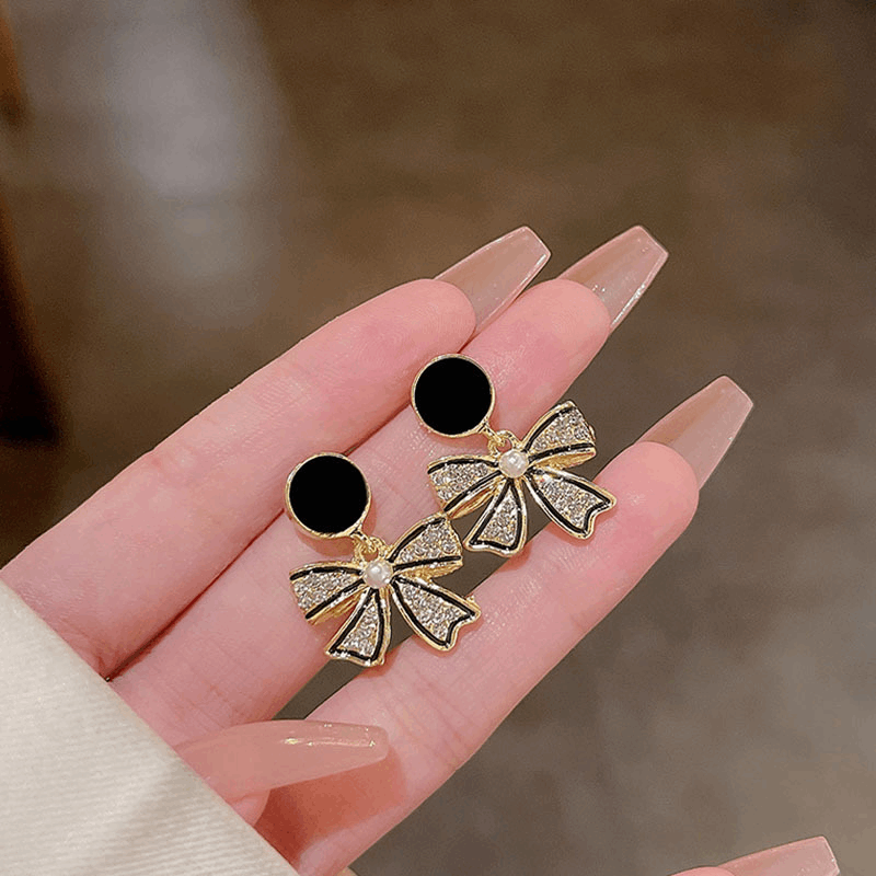 Korean Black Bow Stud Earrings Light Luxury Design with Sparkles Bowknot Fashion Earrings for Women