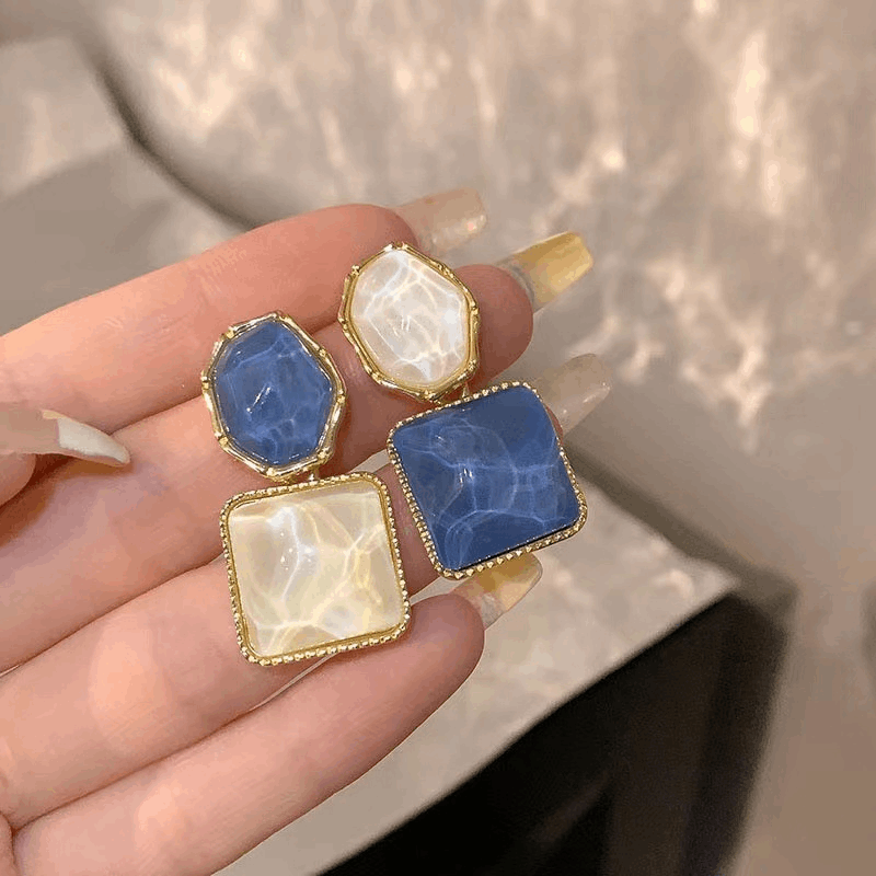 Korean Blue-White Assymetrical Luxury Square Resin Earrings Water Wave Pattern Drop Earrings