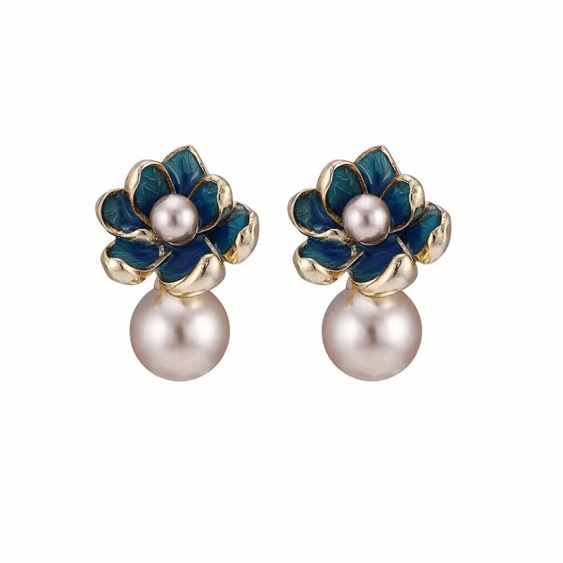 Korean Blue Enamel Flower with Pearl Stud Fashion Korean Earrings for Women