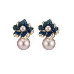Korean Blue Enamel Flower with Pearl Stud Fashion Korean Earrings for Women