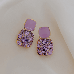 Hot Selling Korean Purple Square Crystal Rhinestone Earrings Elegant Geometric Diamond Earrings