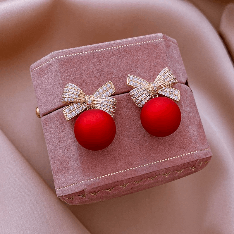 Latest Gold Plated Crystal Diamonds Red Bow Pearl Drop Korean Earrings for Women