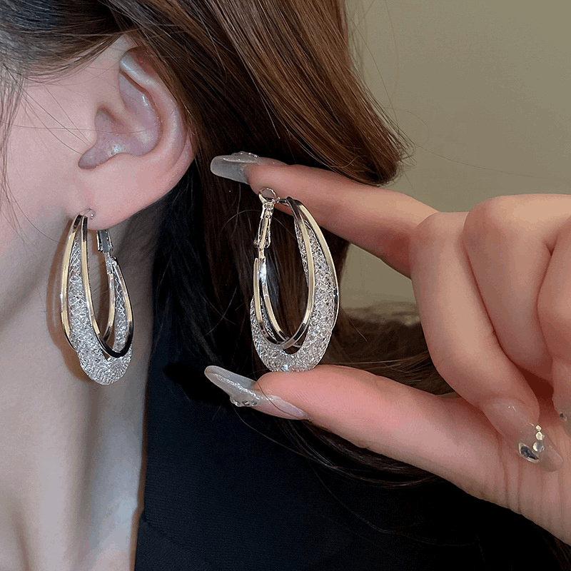 Crystal Mesh Hoop Silver Plated Oval Shaped Hoop Circle Korean Earrings For Party