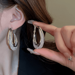 Crystal Mesh Hoop Silver Plated Oval Shaped Hoop Circle Korean Earrings For Party