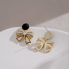 Korean Black Bow Stud Earrings Light Luxury Design with Sparkles Bowknot Fashion Earrings for Women