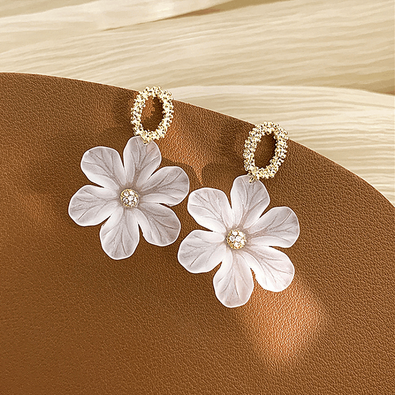 Simple Metal White Flower with zircon Drop Korean Earrings for Women