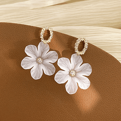 Simple Metal White Flower with zircon Drop Korean Earrings for Women