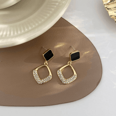 Square Stud Earrings Black Enamel Gold Plated Hollow Pendant with Rhiestone Fashion Korean earring