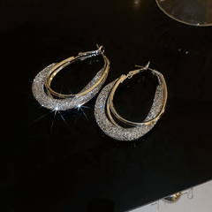 Crystal Mesh Hoop Silver Plated Oval Shaped Hoop Circle Korean Earrings For Party