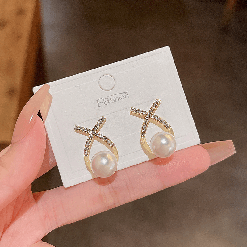 Classic Small Fragrant Wind Pearl with Cross Zircon Geometry Pearl Korean Earrings