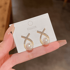 Classic Small Fragrant Wind Pearl with Cross Zircon Geometry Pearl Korean Earrings