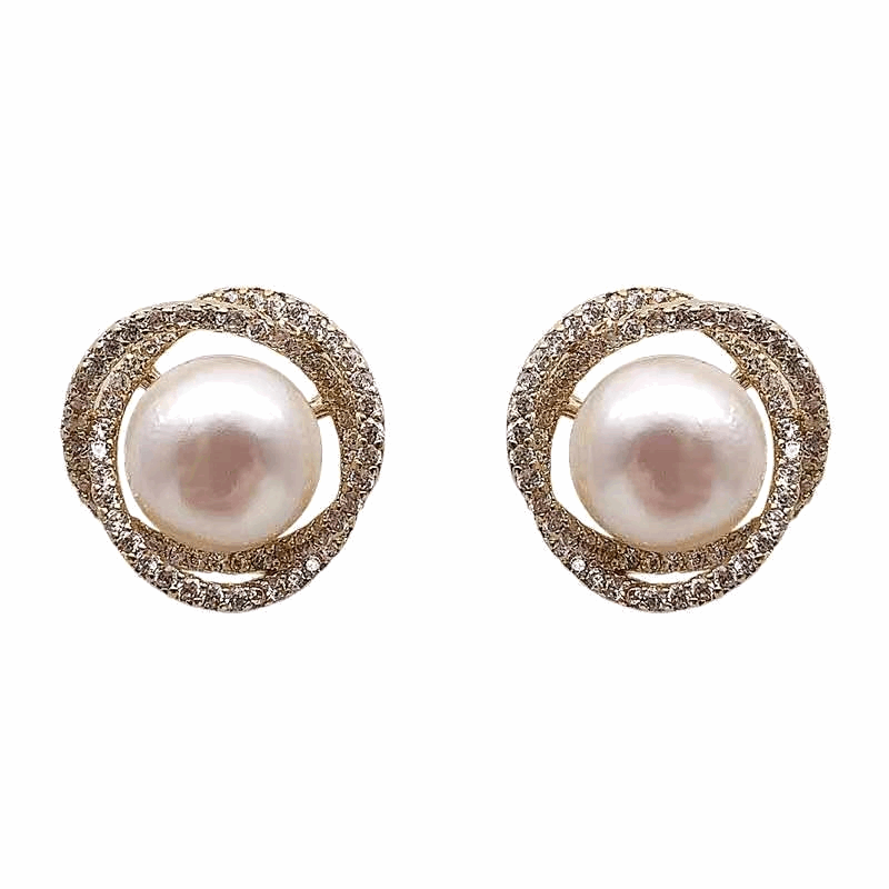 Retro White Pearl Earrings with Diamond Inlaid Mesh Spiral Pearl Stud Korean Earrings
